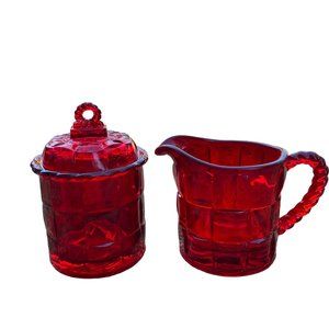 Vintage Viking Ashley Ruby Sugar Bowl and Creamer Set Basket Weave Pattern